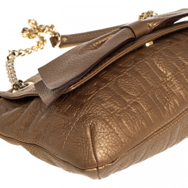 Pre Owned Carolina Herrera Gold Monogram Leather Audrey Shoulder Bag