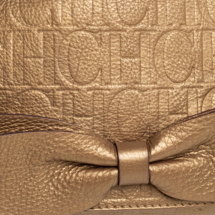 Pre Owned Carolina Herrera Gold Monogram Leather Audrey Shoulder Bag