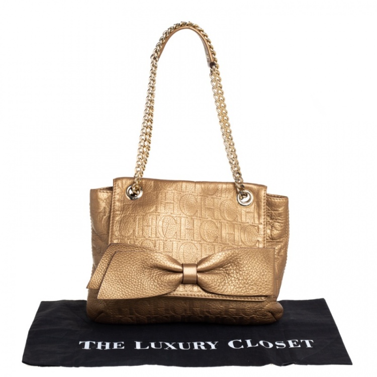 Pre Owned Carolina Herrera Gold Monogram Leather Audrey Shoulder Bag