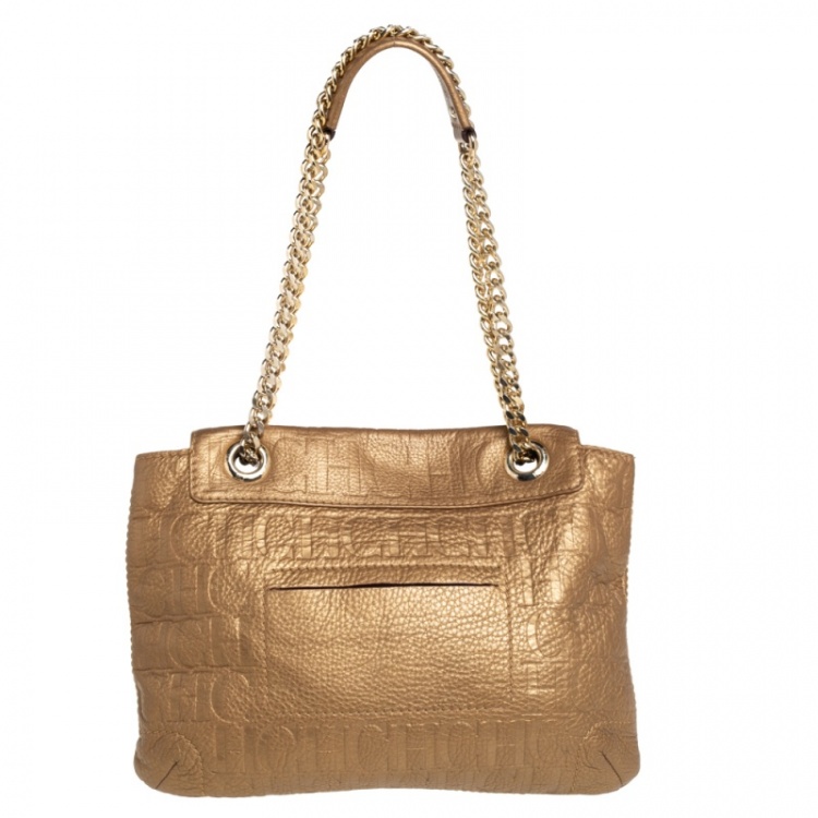 Pre Owned Carolina Herrera Gold Monogram Leather Audrey Shoulder Bag