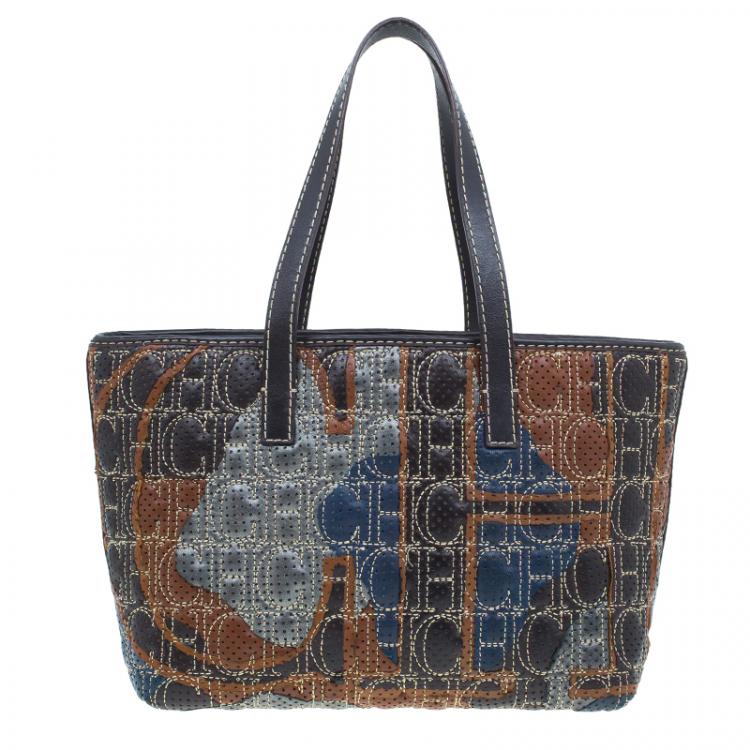 Pre Owned Carolina Herrera Multicolor Perforated Leather Tote Bag