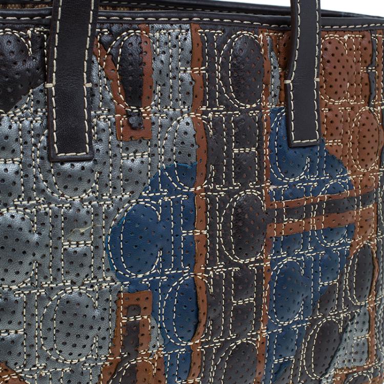 Pre Owned Carolina Herrera Multicolor Perforated Leather Tote Bag