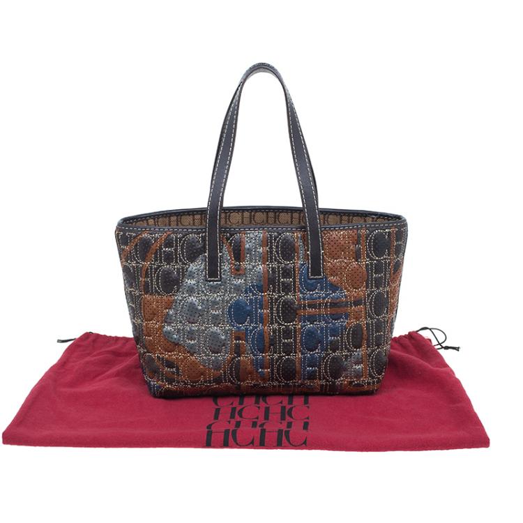 Pre Owned Carolina Herrera Multicolor Perforated Leather Tote Bag