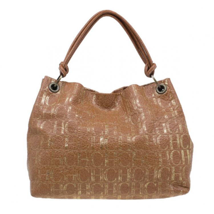 Pre Owned Carolina Herrera Brown Logo Leather Hobo