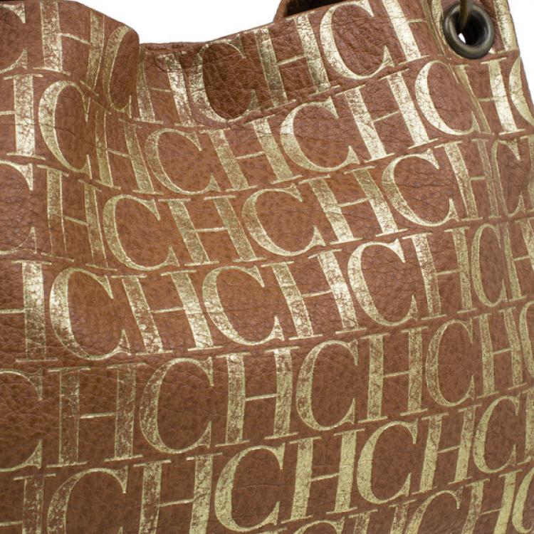 Pre Owned Carolina Herrera Brown Logo Leather Hobo