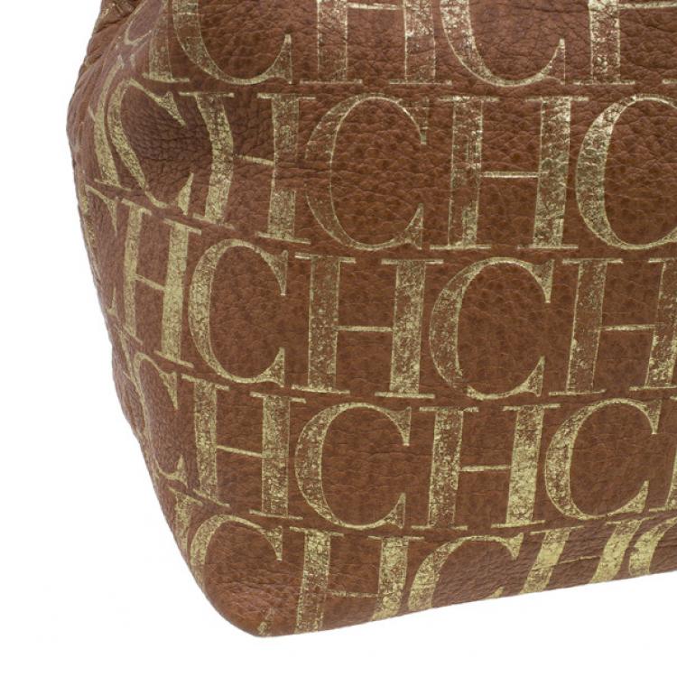 Pre Owned Carolina Herrera Brown Logo Leather Hobo