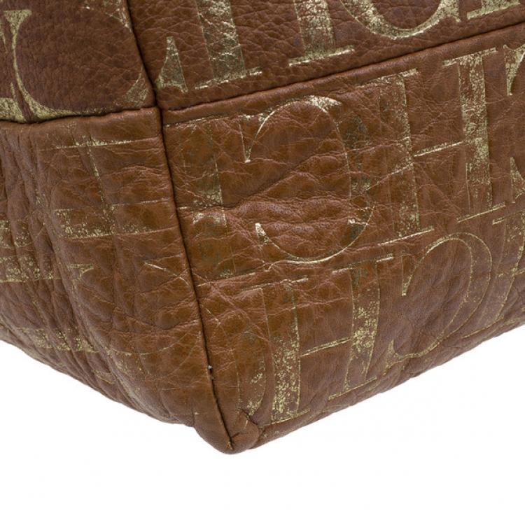 Pre Owned Carolina Herrera Brown Logo Leather Hobo