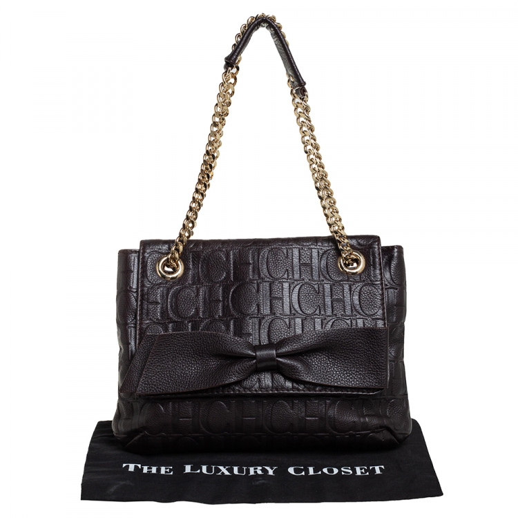 Pre Owned Carolina Herrera Dark Brown Monogram Leather Audrey Shoulder Bag