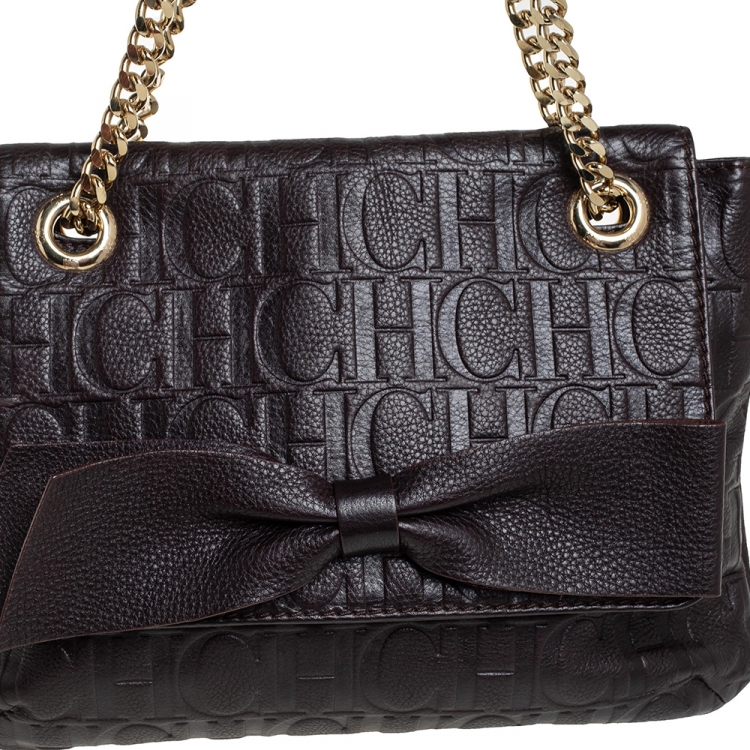 Pre Owned Carolina Herrera Dark Brown Monogram Leather Audrey Shoulder Bag