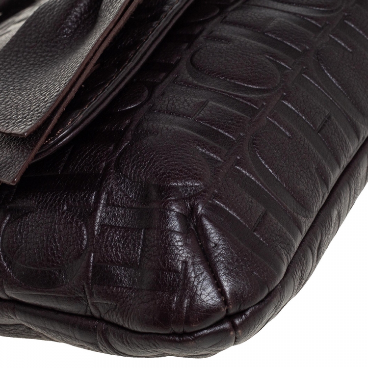 Pre Owned Carolina Herrera Dark Brown Monogram Leather Audrey Shoulder Bag