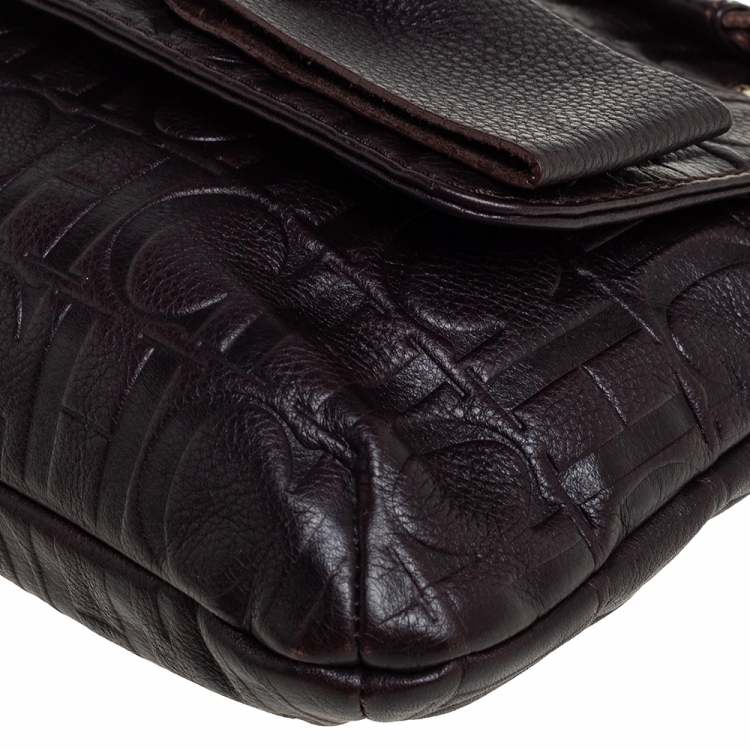 Pre Owned Carolina Herrera Dark Brown Monogram Leather Audrey Shoulder Bag