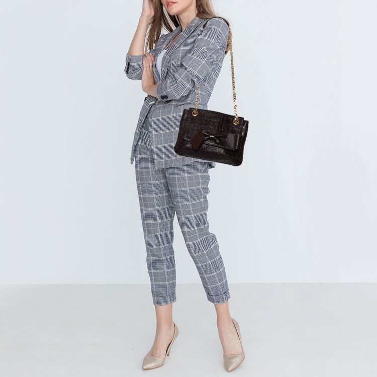 Pre Owned Carolina Herrera Dark Brown Monogram Leather Audrey Shoulder Bag