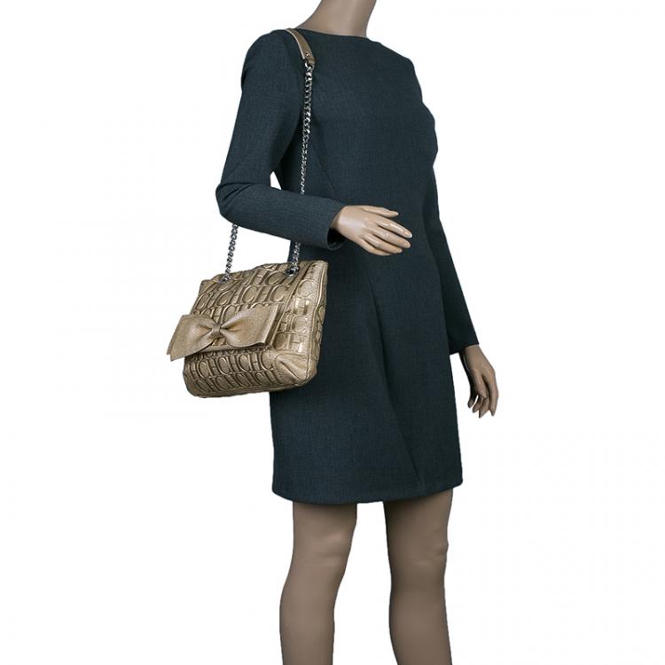 Pre Owned Carolina Herrera Gold Monogram Leather Audrey Shoulder Bag