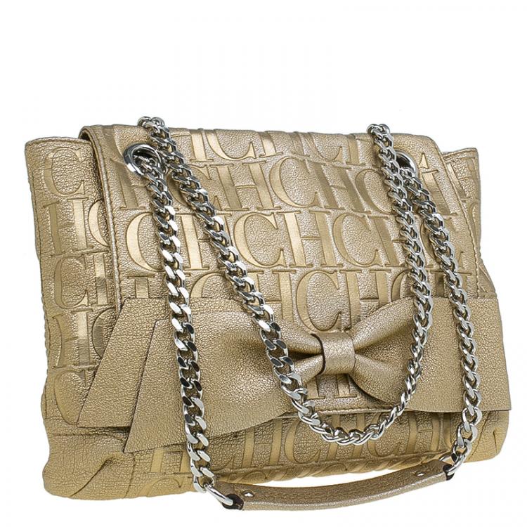 Pre Owned Carolina Herrera Gold Monogram Leather Audrey Shoulder Bag