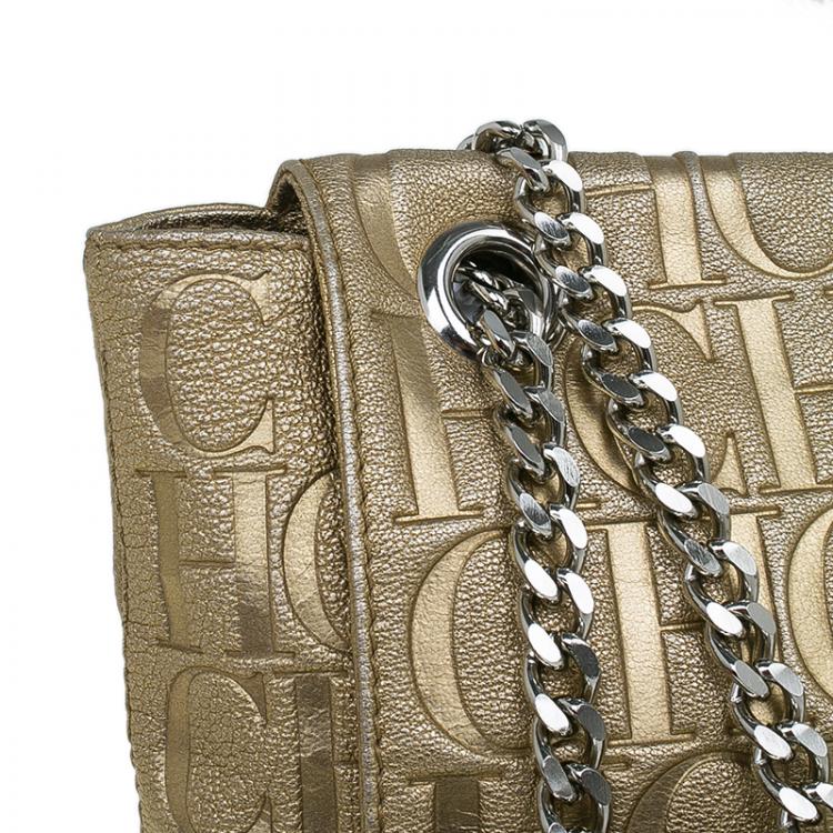 Pre Owned Carolina Herrera Gold Monogram Leather Audrey Shoulder Bag