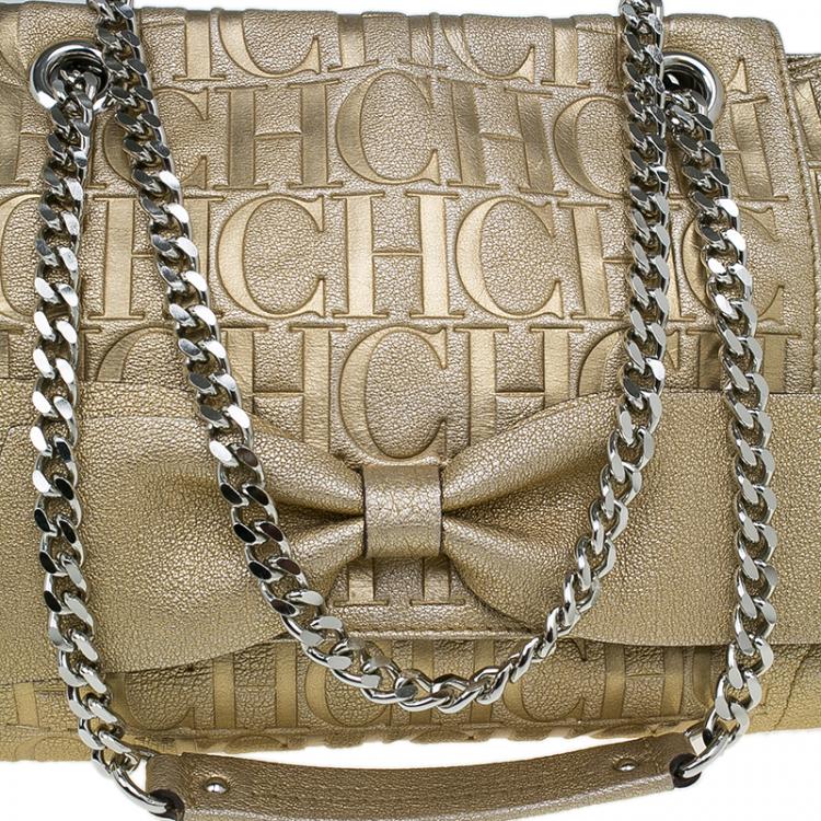 Pre Owned Carolina Herrera Gold Monogram Leather Audrey Shoulder Bag