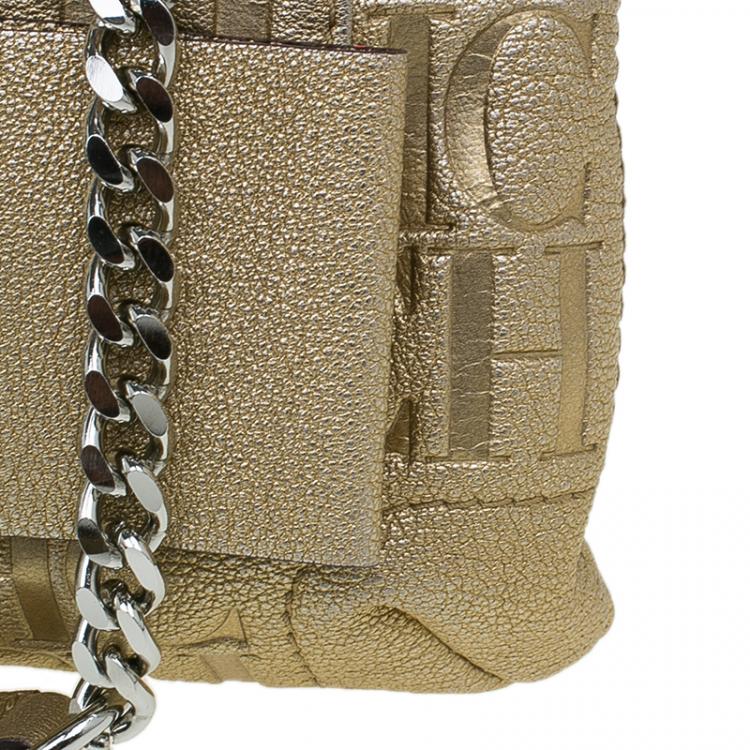 Pre Owned Carolina Herrera Gold Monogram Leather Audrey Shoulder Bag