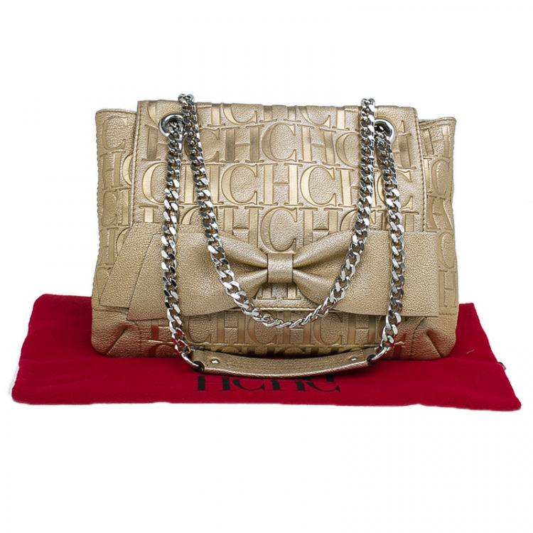 Pre Owned Carolina Herrera Gold Monogram Leather Audrey Shoulder Bag