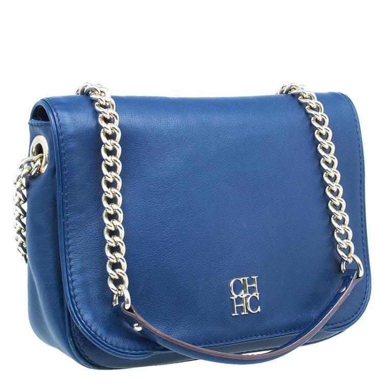 Pre Owned Carolina Herrera Blue Leather New Baltazar Flap Bag