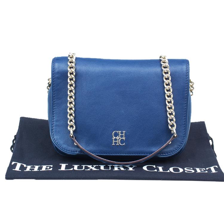 Pre Owned Carolina Herrera Blue Leather New Baltazar Flap Bag