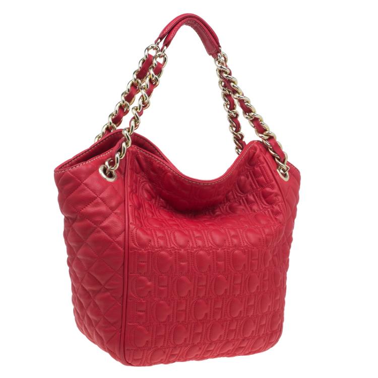 Pre Owned Carolina Herrera Red Quilted Monogram Leather Hobo