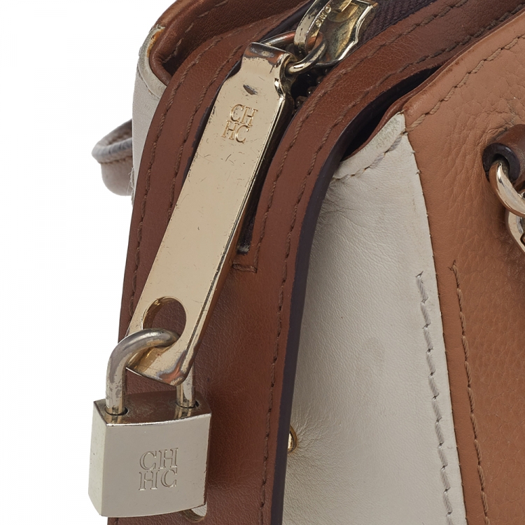 Pre Owned Carolina Herrera Brown/White Leather Satchel