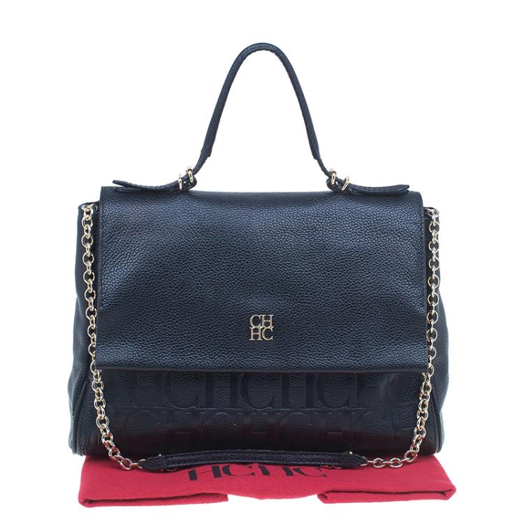 Pre Owned Carolina Herrera Black Leather Minueto Flap Bag