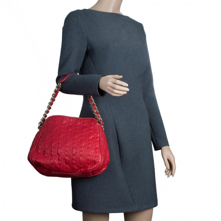 Pre Owned Carolina Herrera Red Quilted Monogram Leather Hobo