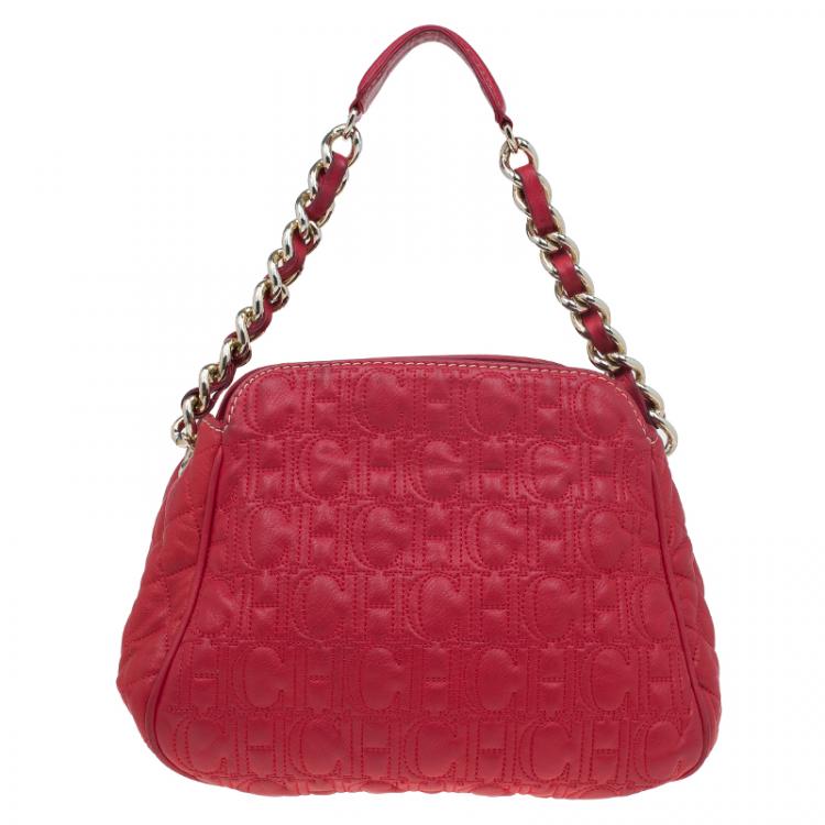 Pre Owned Carolina Herrera Red Quilted Monogram Leather Hobo