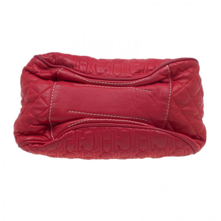 Pre Owned Carolina Herrera Red Quilted Monogram Leather Hobo