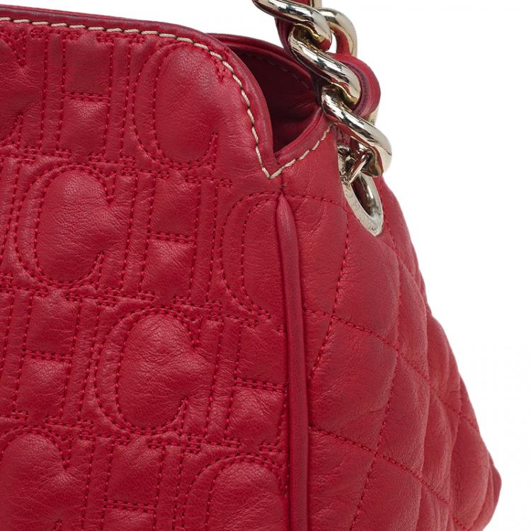 Pre Owned Carolina Herrera Red Quilted Monogram Leather Hobo