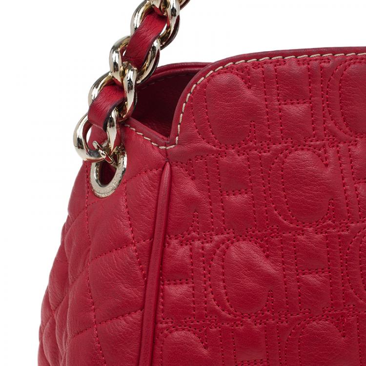 Pre Owned Carolina Herrera Red Quilted Monogram Leather Hobo