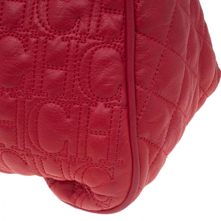 Pre Owned Carolina Herrera Red Quilted Monogram Leather Hobo