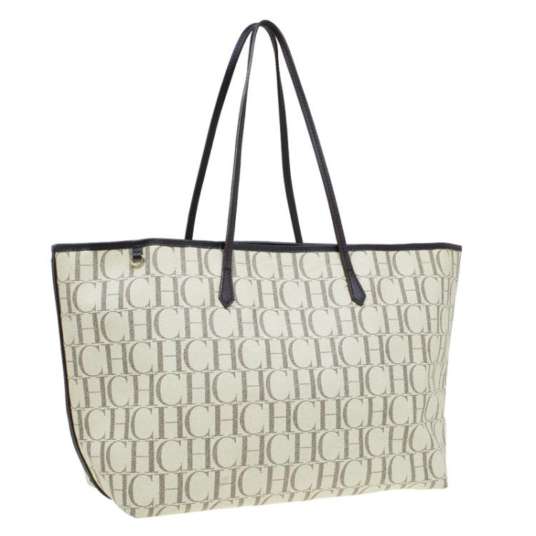 Pre Owned Carolina Herrera Beige Monogram Coated Canvas Shopper Tote