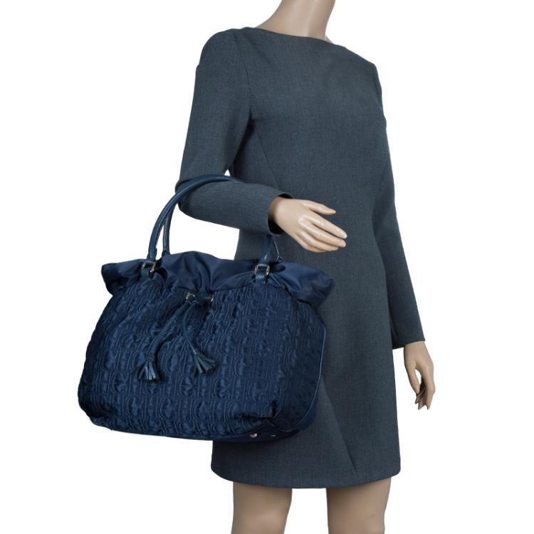Pre Owned Carolina Herrera Navy Blue Monogram Nylon Drawstring Tote