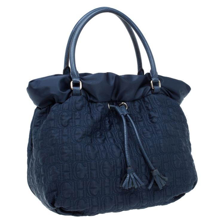 Pre Owned Carolina Herrera Navy Blue Monogram Nylon Drawstring Tote