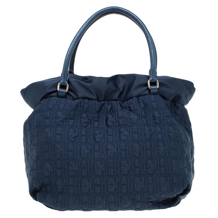 Pre Owned Carolina Herrera Navy Blue Monogram Nylon Drawstring Tote