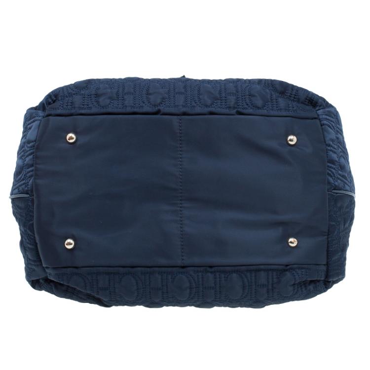 Pre Owned Carolina Herrera Navy Blue Monogram Nylon Drawstring Tote