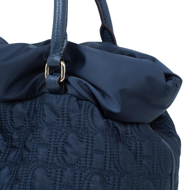 Pre Owned Carolina Herrera Navy Blue Monogram Nylon Drawstring Tote