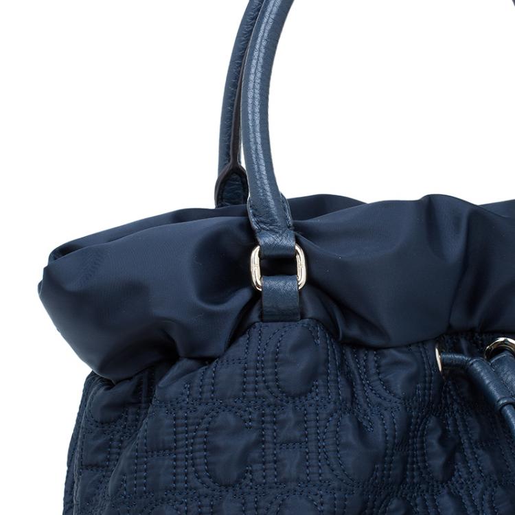 Pre Owned Carolina Herrera Navy Blue Monogram Nylon Drawstring Tote