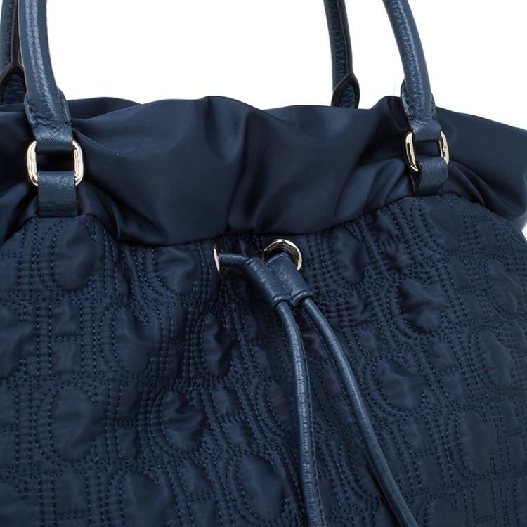 Pre Owned Carolina Herrera Navy Blue Monogram Nylon Drawstring Tote