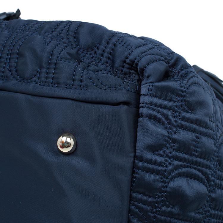 Pre Owned Carolina Herrera Navy Blue Monogram Nylon Drawstring Tote