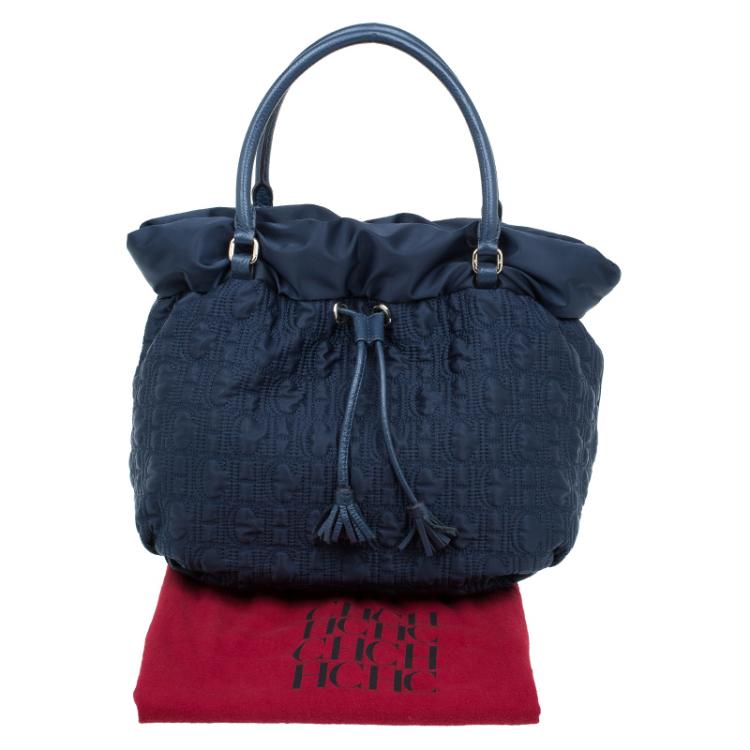 Pre Owned Carolina Herrera Navy Blue Monogram Nylon Drawstring Tote