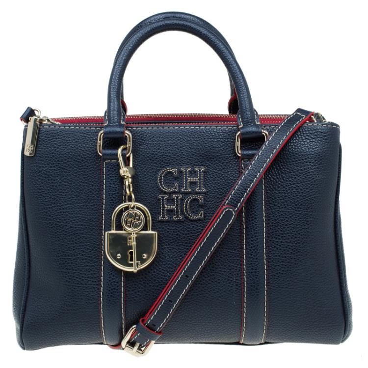 Pre Owned Carolina Herrera Navy Blue Leather Matteo Top Handle Bag