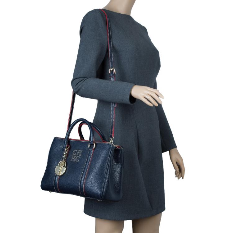 Pre Owned Carolina Herrera Navy Blue Leather Matteo Top Handle Bag