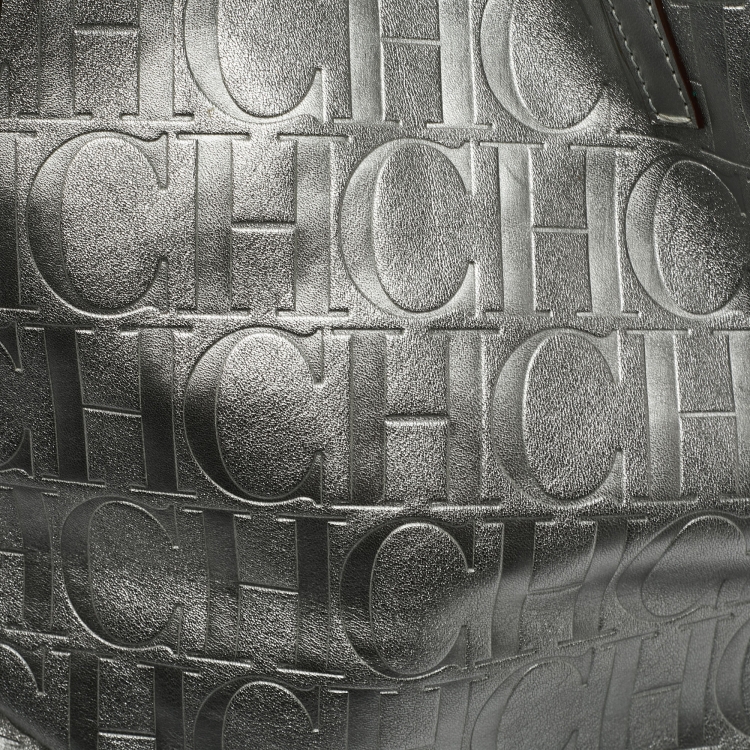 Pre Owned Carolina Herrera Metallic Silver Monogram Leather Matryoshka Tote