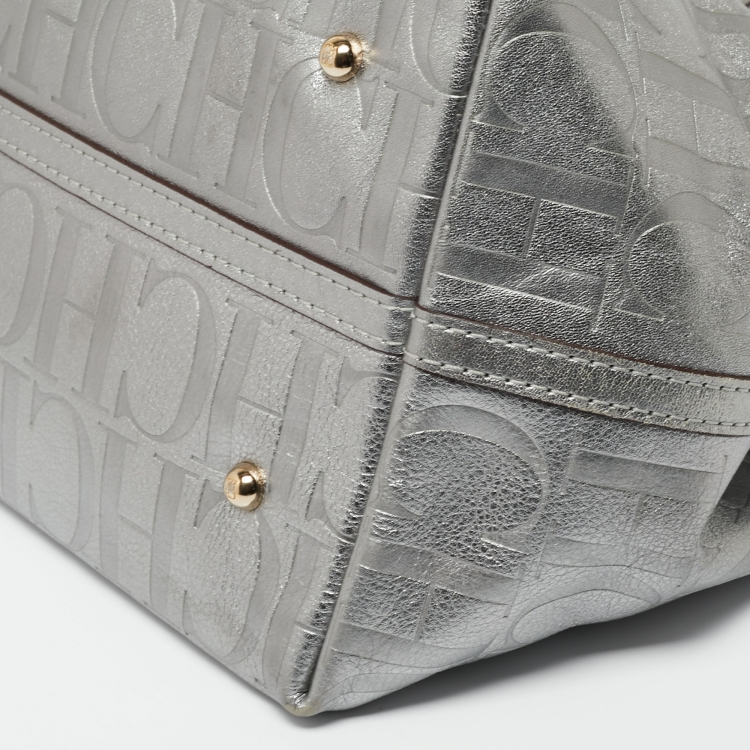 Pre Owned Carolina Herrera Metallic Silver Monogram Leather Matryoshka Tote