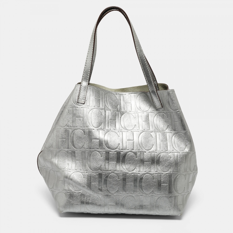 Pre Owned Carolina Herrera Metallic Silver Monogram Leather Matryoshka Tote