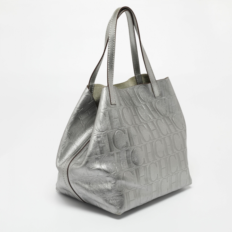 Pre Owned Carolina Herrera Metallic Silver Monogram Leather Matryoshka Tote