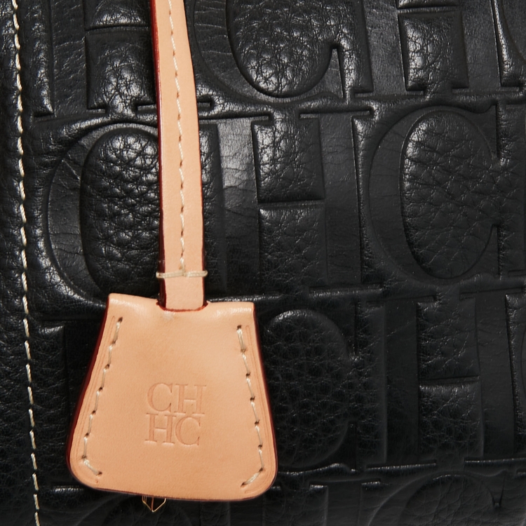 Pre Owned Carolina Herrera Black/Beige Monogram Embossed Leather Mini Andy Boston Bag